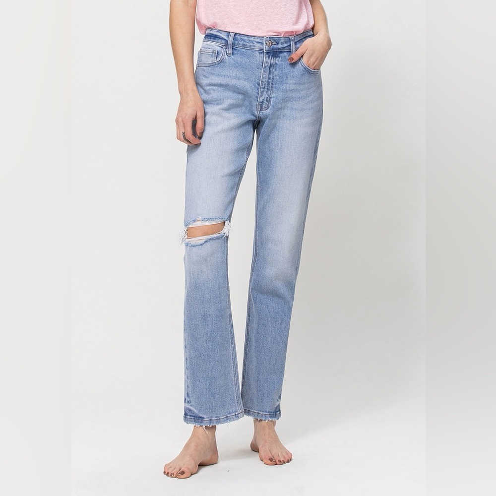 Vervet Blue Denim Distressed Knee High Rise Stretch Boyfriend Jeans Style V2744